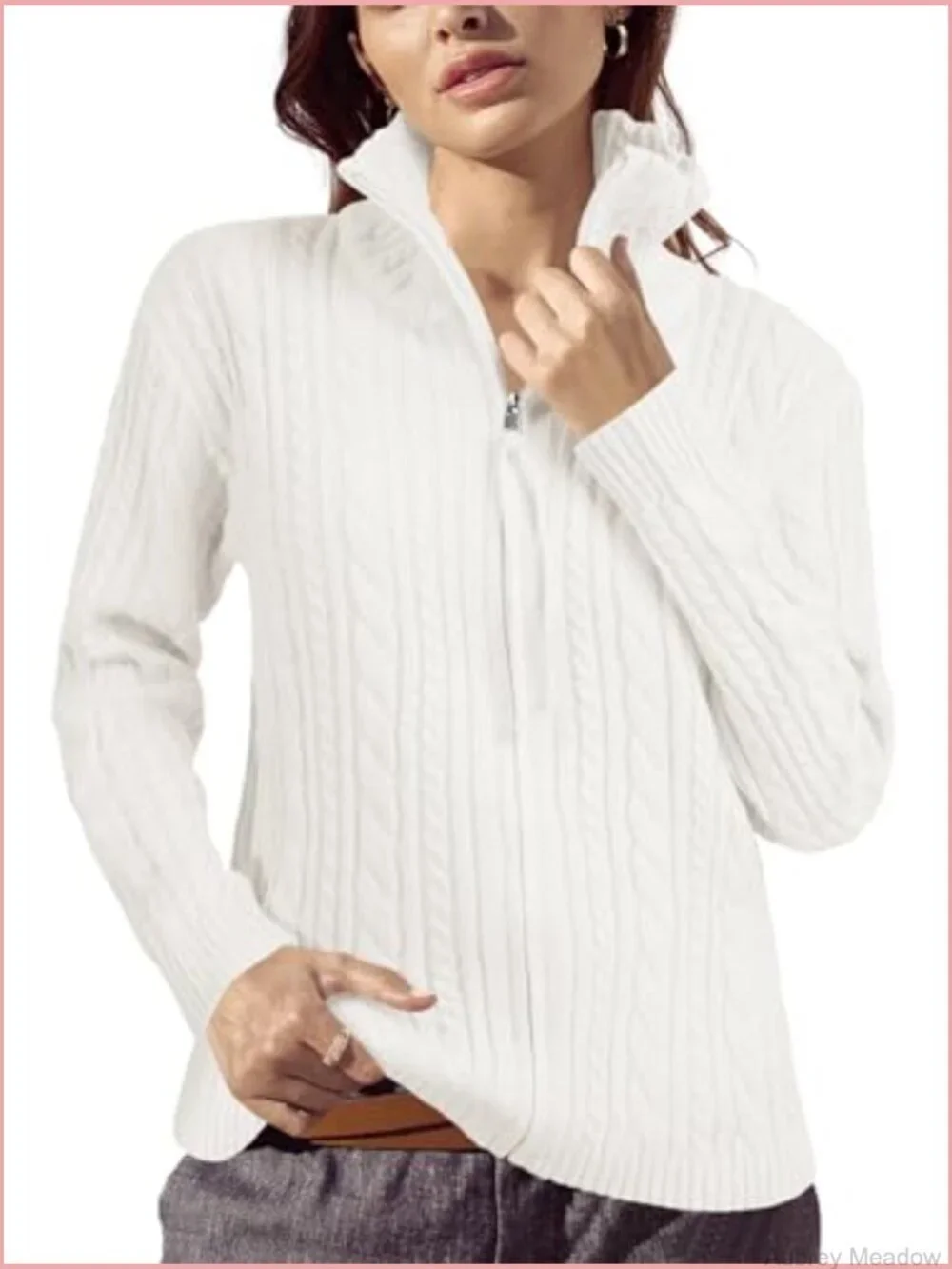 Cable Knit Zip Up Cardigan Sweater Open Front Long Sleeve Vintage